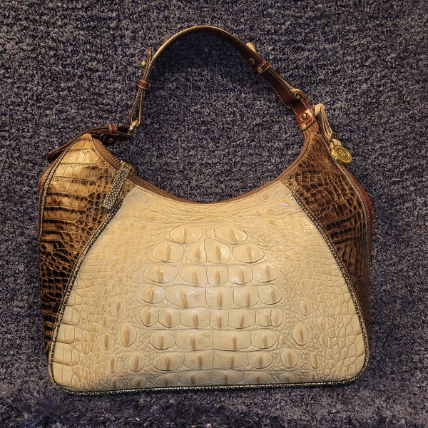 Brahmin Juliette beige and dark brown large shoulder bag handbag crocodile embossed leather