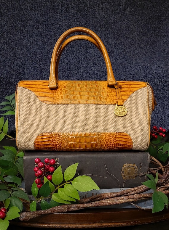 Brahmin tan crocodile embossed leather and woven c