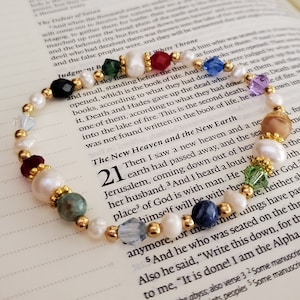 Revelation 21 Pearl Bracelet - Christian Jewelry - New Jerusalem -Gemstone Gift for Her - Gold Gifts for Her - Fresh Water Pearls Mother Mom