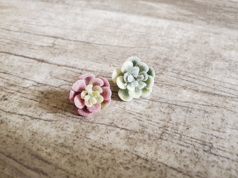 Puede incluir: Dos peque&ntilde;as plantas suculentas artificiales, una en tonos verdes y la otra en tonos rosas y verdes, sobre un fondo de madera.