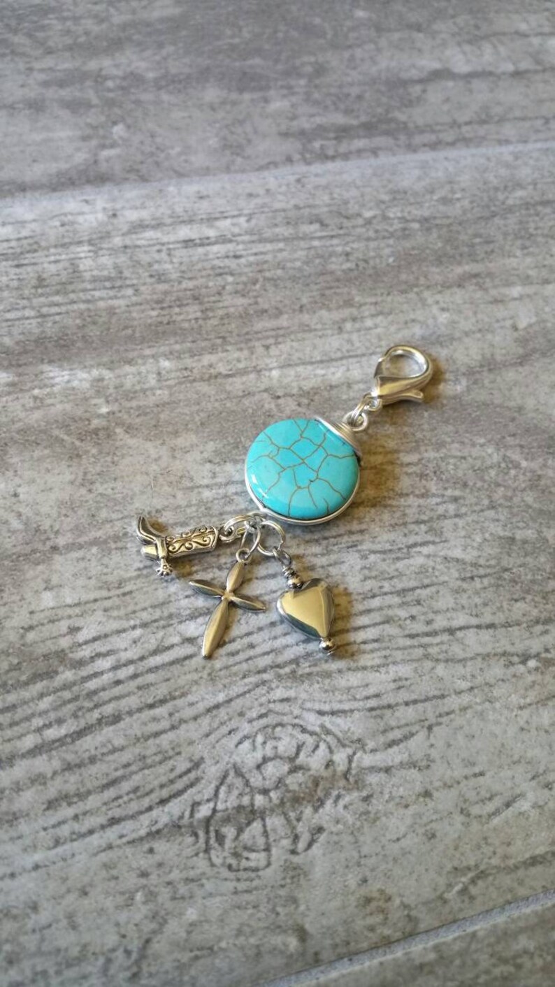 Silver Cross Purse Charm Turquoise Backpack Zipper Pull Western Boot Charm Scissor Fob Remembrance Sympathy Bag Clip Christmas Birthday Gift
