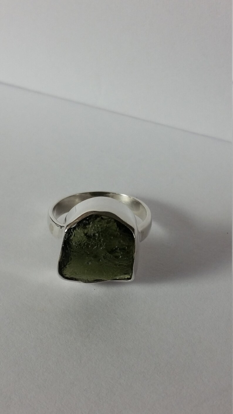 Sterling Silver Moldavite Ring Bezel Set Size 8