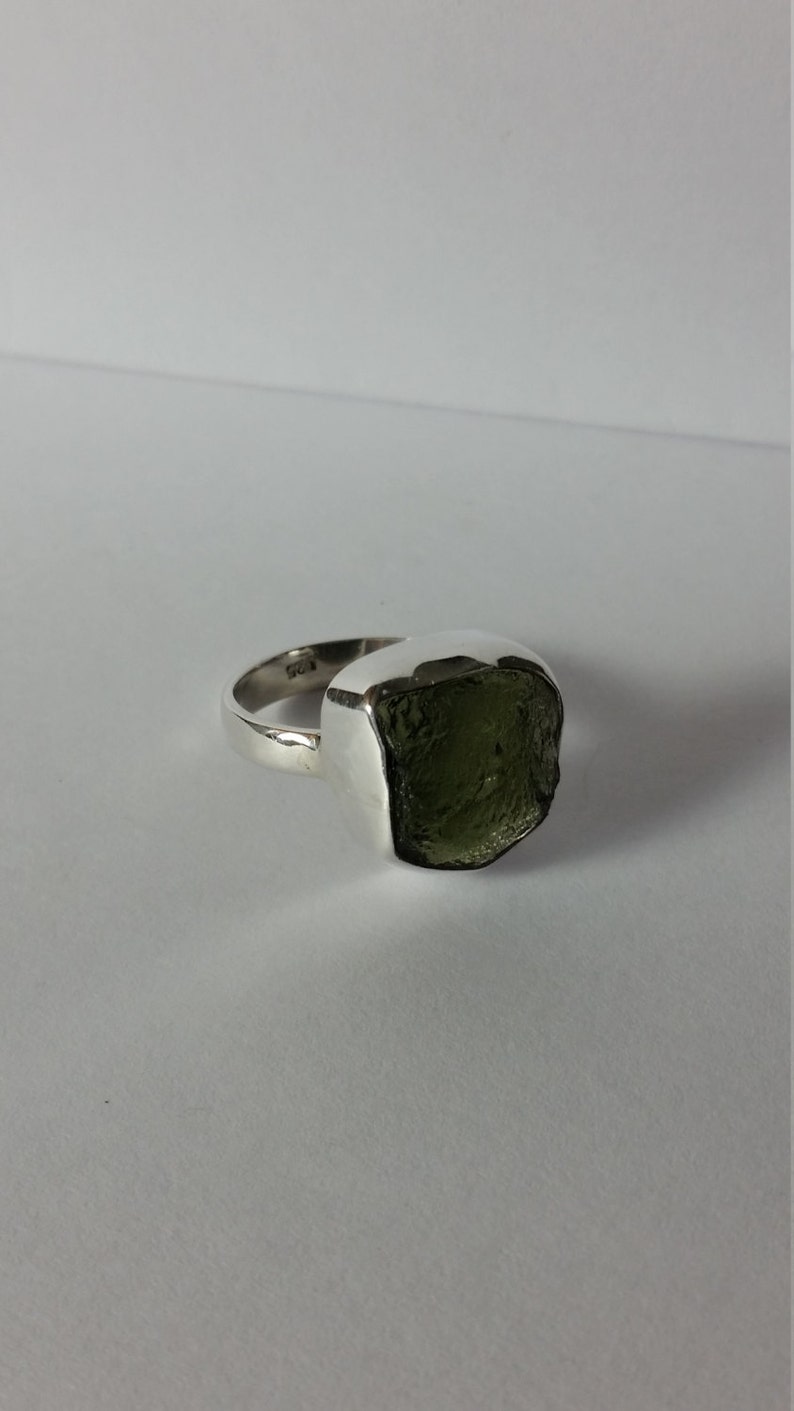Sterling Silver Moldavite Ring Bezel Set Size 8
