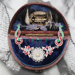 Art Deco Marcasite Pearl Necklace: Red & Green French Paste, 1930s Bridal Jewelry