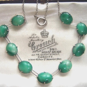 Raro collar Art Deco de plata esterlina con patente de 1929, firmado por WH COLLINS, con diseño de jade y cristal artístico, parte trasera abierta, estilo vintage para novias.