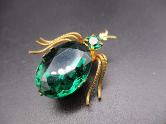 Antique 1920's Art Deco Gilt Metal Green Emerald … - image 7