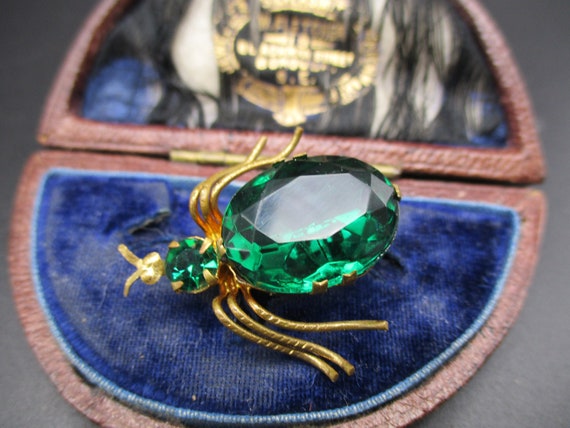 Antique 1920's Art Deco Gilt Metal Green Emerald … - image 1