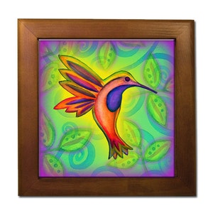 Hummingbird Art Tile Trivet: Judaica Home Decor, Cherry Wood Frame