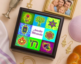 Personalized Bat Mitzvah Keepsake Box: Jewish Gift, Hamsa & Star of David
