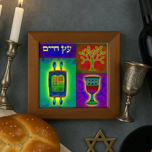 Shabbat trivet, Etz Chayim, tree of life, original art tile in wooden frame, hot plate for Sabbath, Jewish housewarming, Bar Mitzvah gift,