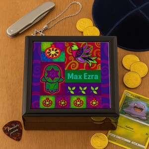 Personalized Bar Mitzvah Keepsake Box: Judaica Art, Hamsa & Star Collage