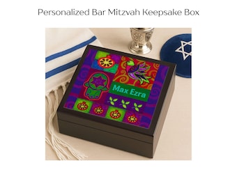 Personalized Bar Mitzvah Keepsake Box: Judaica Art, Hamsa & Star Collage