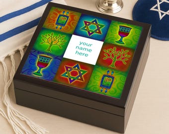 Personalized Bar Mitzvah Keepsake Box: Judaica Ceramic Tile