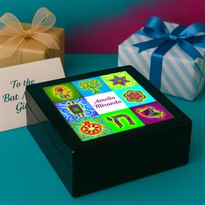 Bat Mitzvah Keepsake Box - Bright Judaica decor - Gift for Jewish Teen - Original Art on Ceramic Tile - jewelry storage, memory box - girl