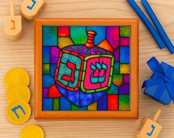 Hanukkah Keepsake Box – Faux Stained Glass Dreidel, Jewish Holiday Decor