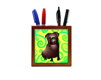 Pug Art Pencil Caddy: Rosewood Finish Ceramic Tile Dog Art