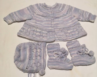 Bringing home baby/baby shower gift/coming home outfit/purple variegated cardigan set/button down sweater/knitted baby sweater/hat and boots