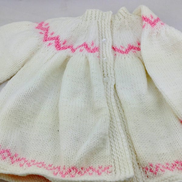 white and pink knitted sweater, chevron, dot style, button up, size 6-9 mth  clothing, warm and soft, winter clothing, kids clothing, girls