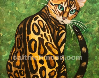Lámina decorativa de pared de gato bengalí, lámina de acuarela de gato bengalí, regalo para mamás de gatos, regalo con temática de gatos, arte divertido de gatos, decoración de pared de gatos, arte de pared de gatos