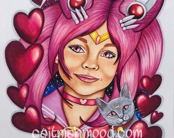 Sailor Chibi Moon & Diana Fine Art Print Sailor Scout Art Print Anime Fan Art Anime Wall Decor Sailor Moon Fan Art Sailor Moon Wall Decor