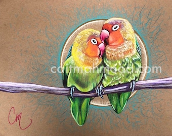 Print of Lovebirds Color Pencil Bird Art Print of Birds Lovebird Art Bird Art Portrait Colorful Bird Art Bird Lover Artwork Bird Wall Art