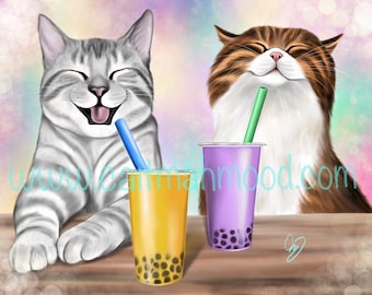 Tabby Cat Art Print Boba Tea Cat Art Boba Tea Artwork Print of Tabby Cat Funny Cat Art Laughing Cat Art Tabby Cat Lover Gift Cat Mom Gift
