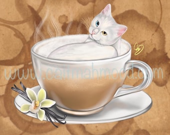 White Cat Art Print Cat With Coffee Print Cafe Cat Art Cafe Wall Decor Coffee Shop Wall Art Cat Wall Art Cat Wall Decor Cat Mom Gift