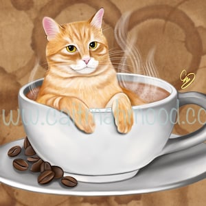 Gato atigrado naranja arte impresión gatos y café café pared decoración cafetería pared arte Tabby gato pared arte gato pared decoración impresión de gato naranja