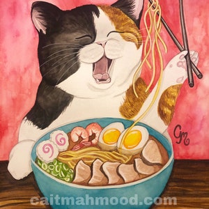 Calico Cat Artwork | Cat Illustration With Ramen Noodle | Ramen Cat Art