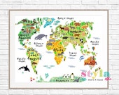 Kids wereld kaart educatieve speelkamer leuke Print - 40x50cm -
