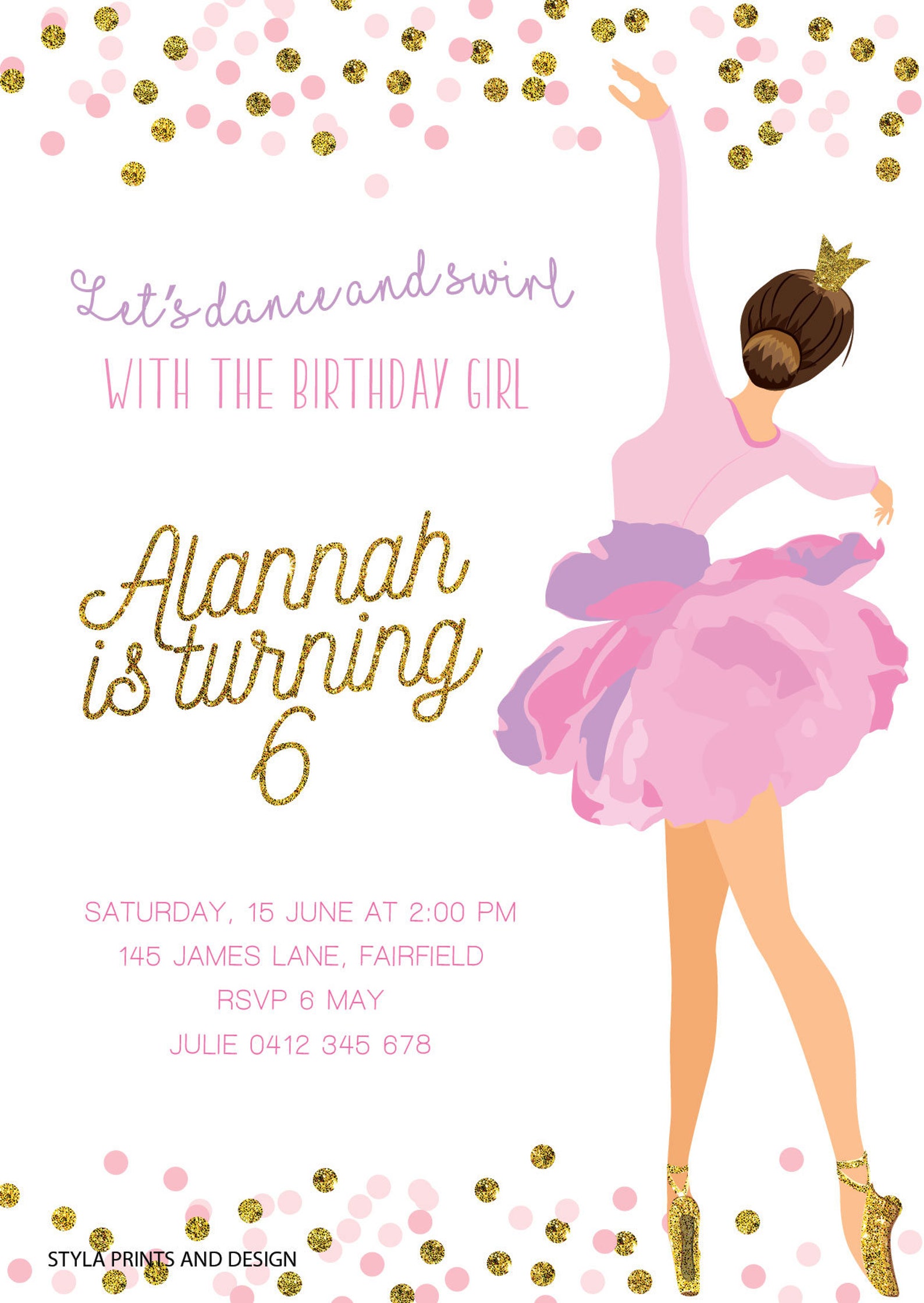 ballerina, pink and gold, tutu, ballet shoes, girls party, kids birthday invite digital file