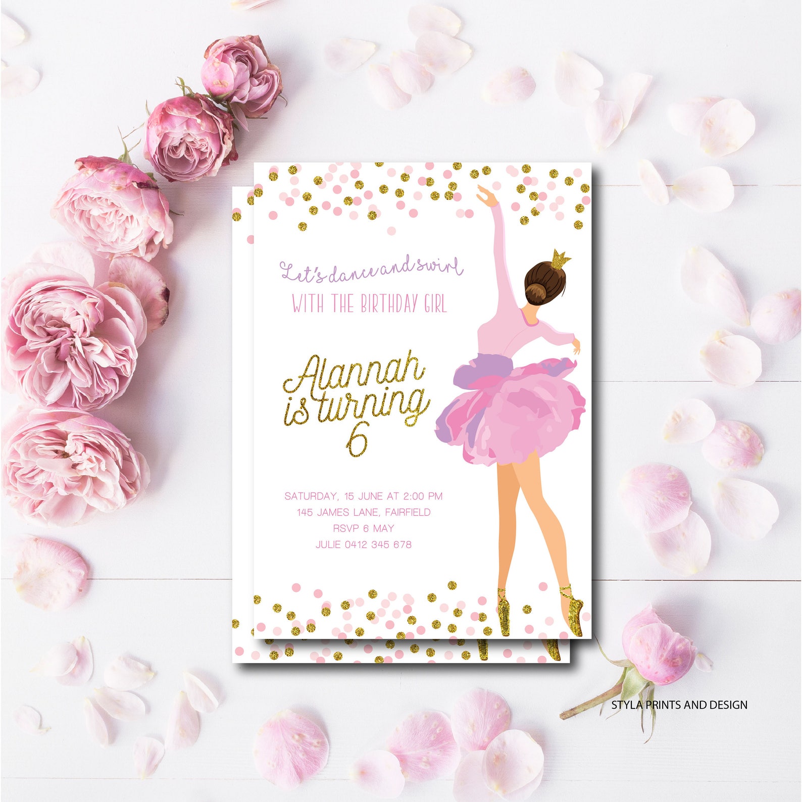 ballerina, pink and gold, tutu, ballet shoes, girls party, kids birthday invite digital file