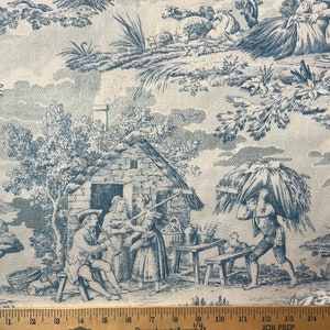 French Countryside Turquoise Blue on White Toile Fabric (110" wide), Priced by the Yard for Sewing, Drapes, Upholstery and More