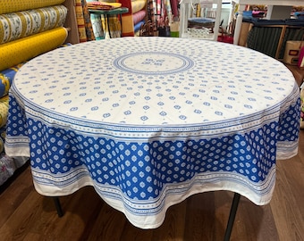 French Acrylic-Coated Round Tablecloth | 71" in Diameter | Sormiou Print in Blue and White | Fade Resistant | Easily Wipes Clean