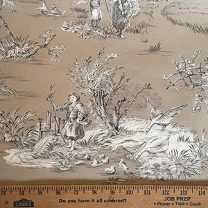 French Pastoral Large-Scale Tan Black and White Toile Fabric (108" wide), Priced by the Yard