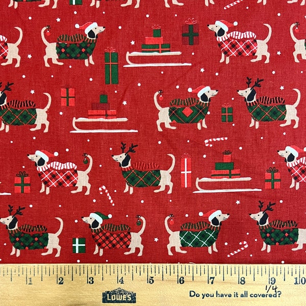 Holiday Dachshund Dogs French Cotton Fabric by STOF (Approx. 55" Wide) | Priced by the HALF Yard | For Sewing, Quilting, Crafts and More