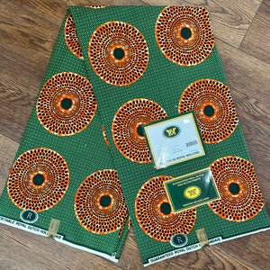 West African Circle Print Fabric in Orange and Green | 100% Cotton | Sold by the Yard | Perfect for Sewing, Quilting, Crafts and More