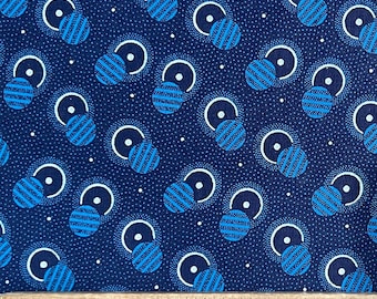 Da Gama Overlapping Circle Shweshwe Fabric from South Africa | White and Blue on Blue | 100% Cotton | Priced by the HALF meter | For Sewing