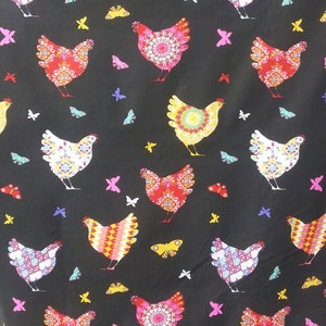 May include: Black fabric with a repeating pattern of colorful chickens and butterflies. The chickens have intricate designs and are in various colors, including red, yellow, and white. The butterflies are in shades of pink, purple, and blue.