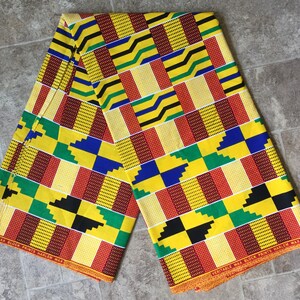 Kente Cloth Design Fabric | Yellow, Red, Green, Blue, Black and White | 100% Cotton | Sold by the Yard or 6-Yard Piece