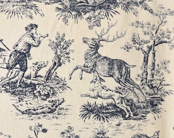 May include: A black and white toile fabric design featuring a hunter with a hunting horn, a deer, and dogs in a forest setting.
