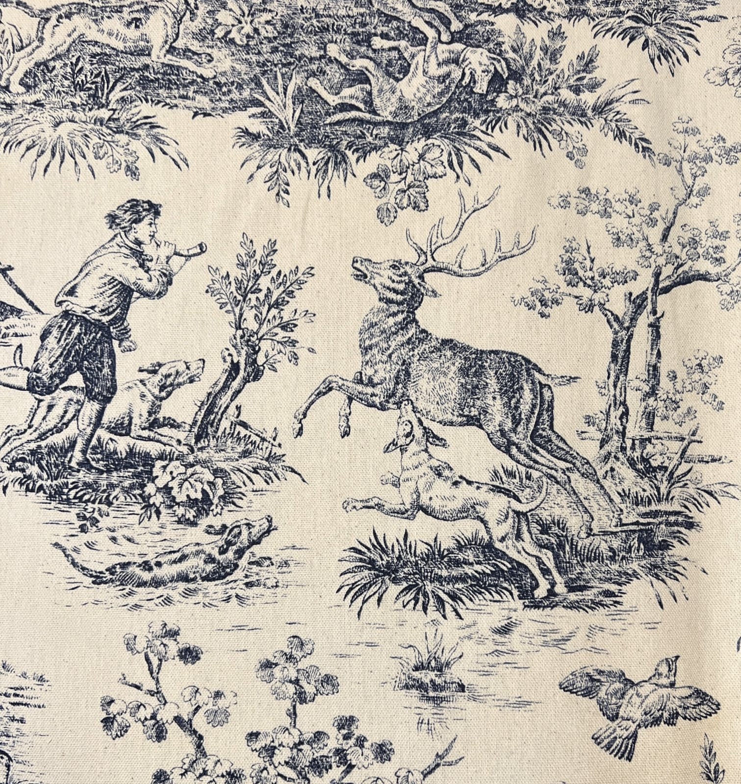 French Pastoral Large-scale Tan Blue and White Toile Fabric 108