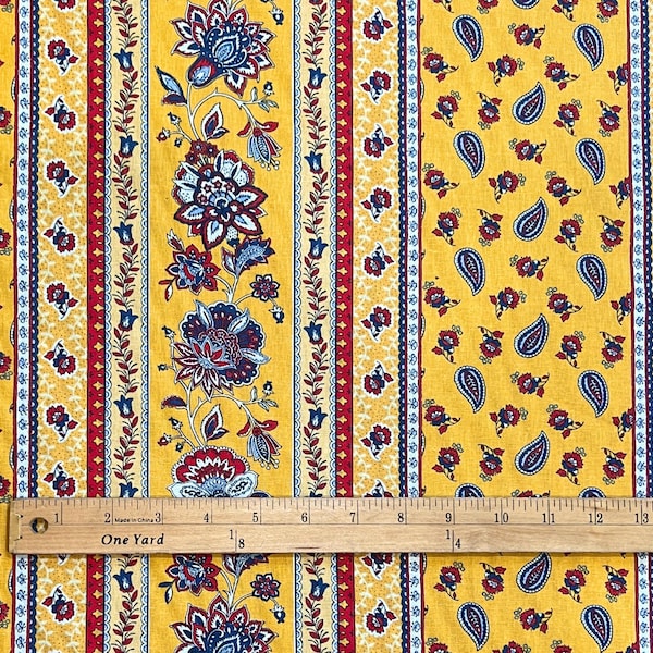 French Floral Border Fabric | Golden Yellow, Blue, Red and White | 100% Cotton | Approx. 62" Wide | Priced by the HALF YARD