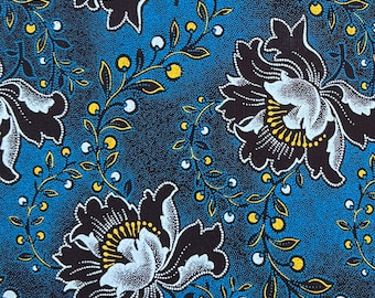 Yellow, Blue and White on Brown "Floral" Print Shweshwe Fabric from South Africa (1288) | Sold by the HALF Meter - For Sewing, Quilting