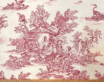 Wide Red French Pastoral Small-Scale Toile Fabric (108" wide), Priced by the HALF Yard