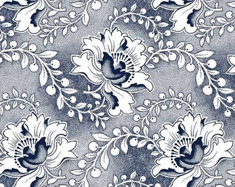 Da Gama 3 Cats Blue on White Floral Shweshwe Fabric from South Africa priced by the HALF meter