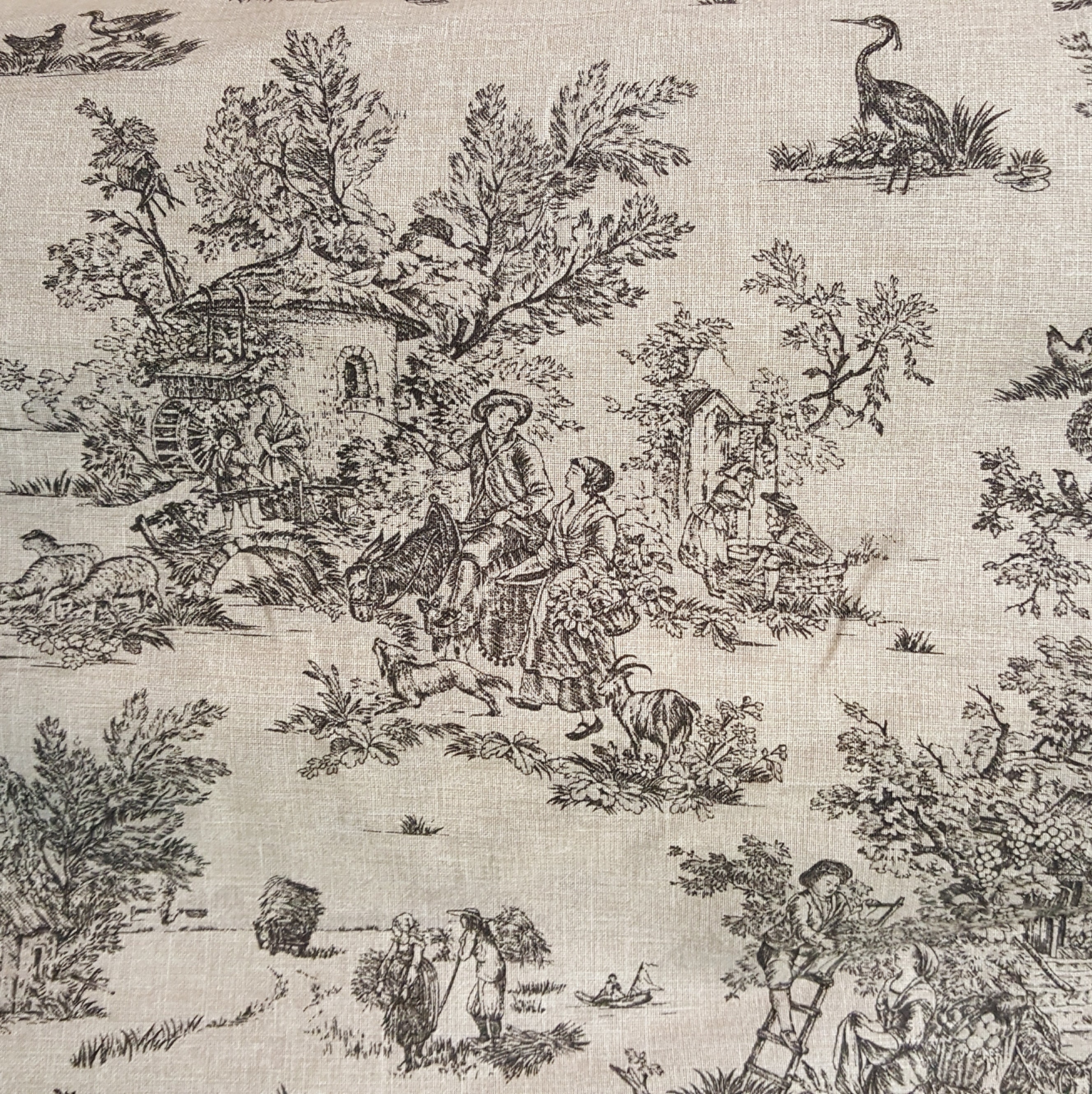 French Decorator Weight Pastoral Toile Fabric in Green and Cream