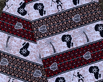 Striped African Fabric | With Maps, Trees, Hunters and Cowrie Shells | 100% Cotton | Sold by the Yard | For Quilting, Sewing, Crafts