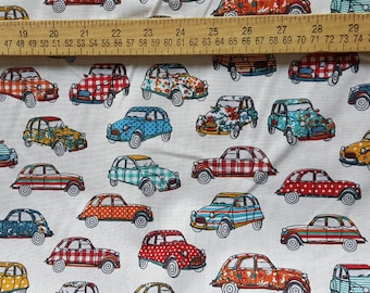 Classic French Citroen 2CV car fabric in turquoise and red (62" wide), priced by the HALF yard