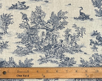 Blue French Small-Scale Pastoral Toile de Jouy Fabric | 60" wide | 100% Cotton | Priced by the HALF Yard | For Sewing, Quilting and Crafts